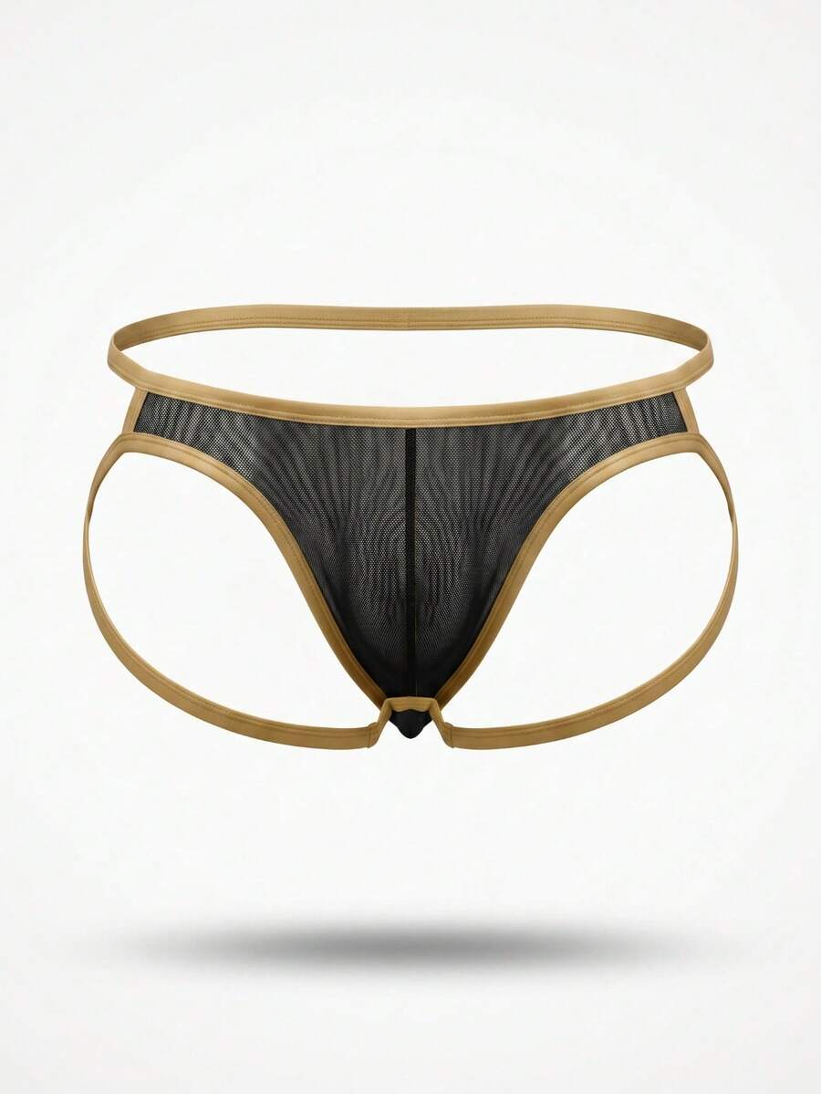 Men's black low-rise T-back thong briefs with contrast trim details.