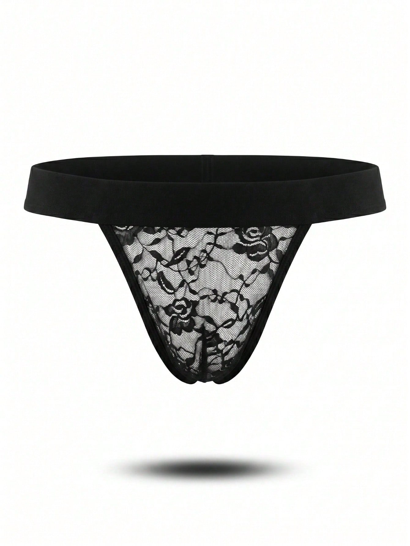 Charming Black Seductive Rose Lace Mid-Waist Thong Men's Sexy Underwear (1pc)