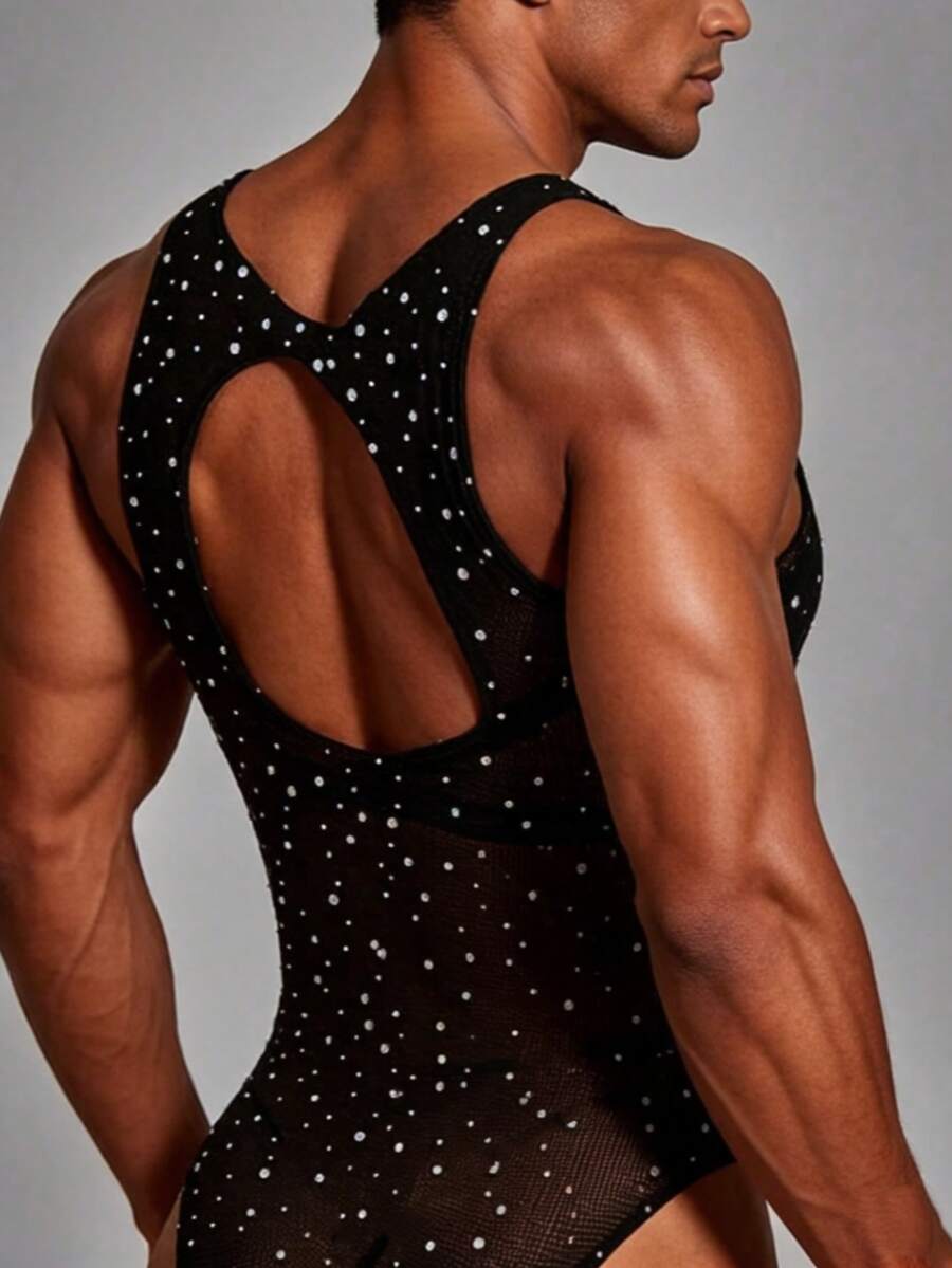 Black sheer men's hollow-out fishnet bodystocking one-piece featuring a crew neck and high stretch knitted fabric.