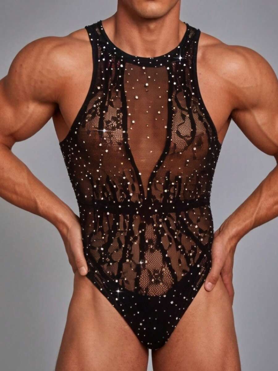 Black sheer men's hollow-out fishnet bodystocking one-piece featuring a crew neck and high stretch knitted fabric.