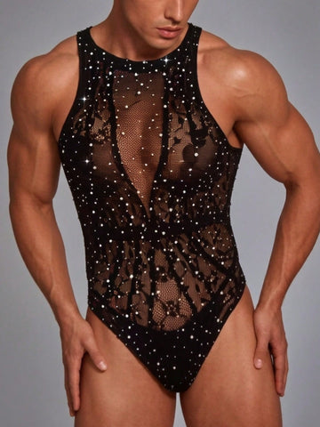 Black sheer men's hollow-out fishnet bodystocking one-piece featuring a crew neck and high stretch knitted fabric.