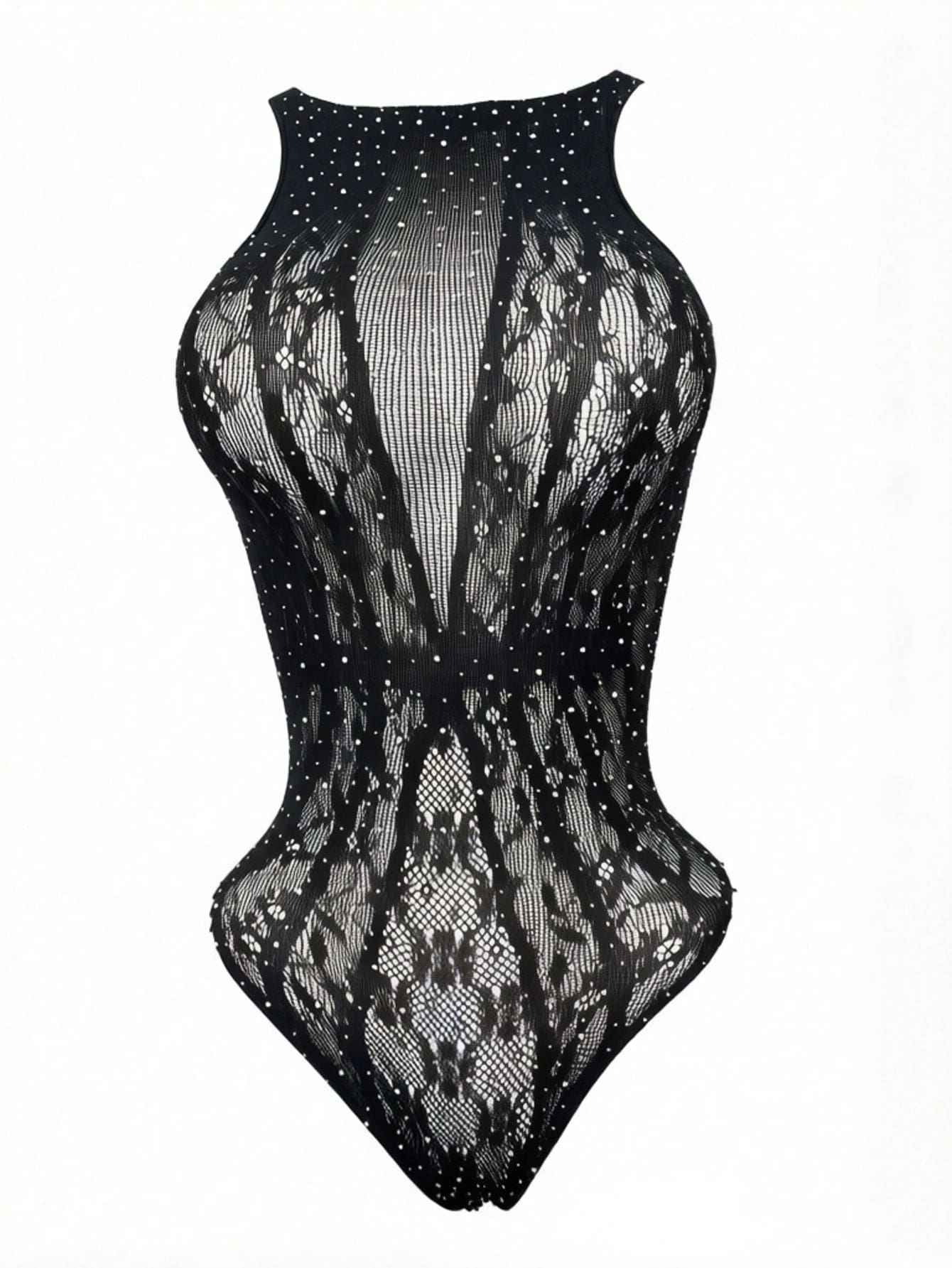 Black sheer men's hollow-out fishnet bodystocking one-piece featuring a crew neck and high stretch knitted fabric.