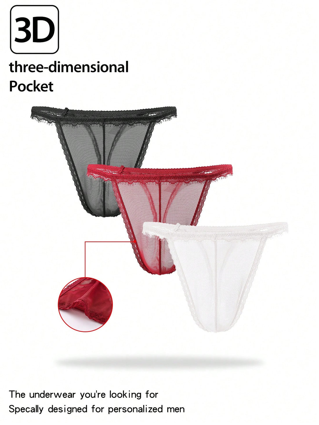 3pcs/Set Men's Sexy Lace Thong Underwear, Multi-Color Combination