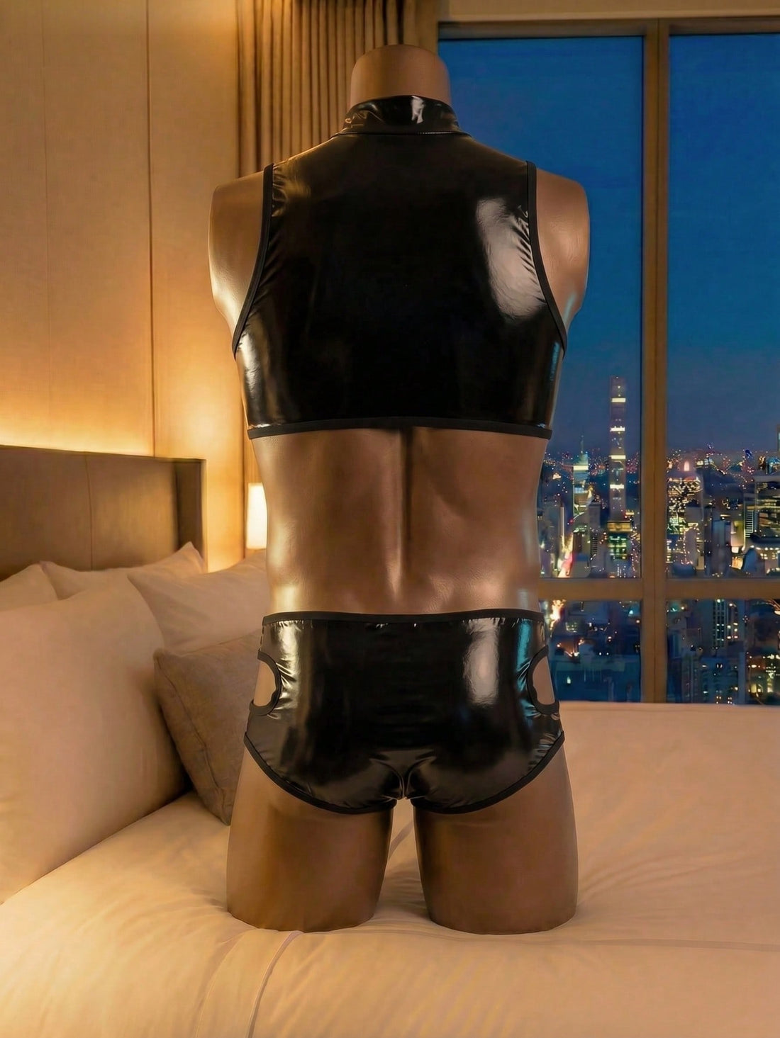 Men's PU Material Fashion Hollow Out Sexy Zipper Jumpsuit Costume