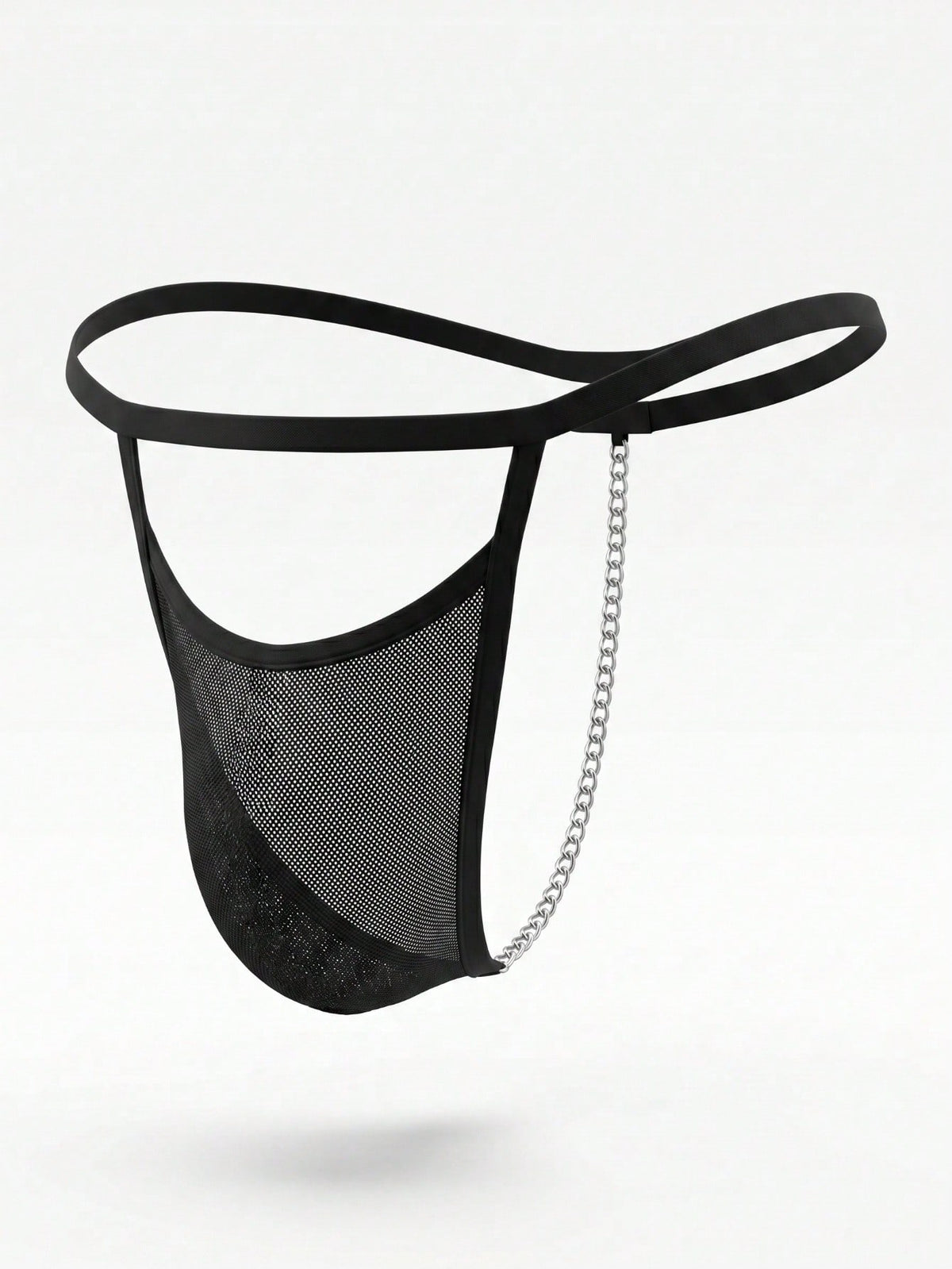 Men's black low-rise hollow mesh T-back thong underwear featuring ring detail.
