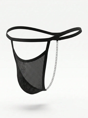 Men's black low-rise hollow mesh T-back thong underwear featuring ring detail.