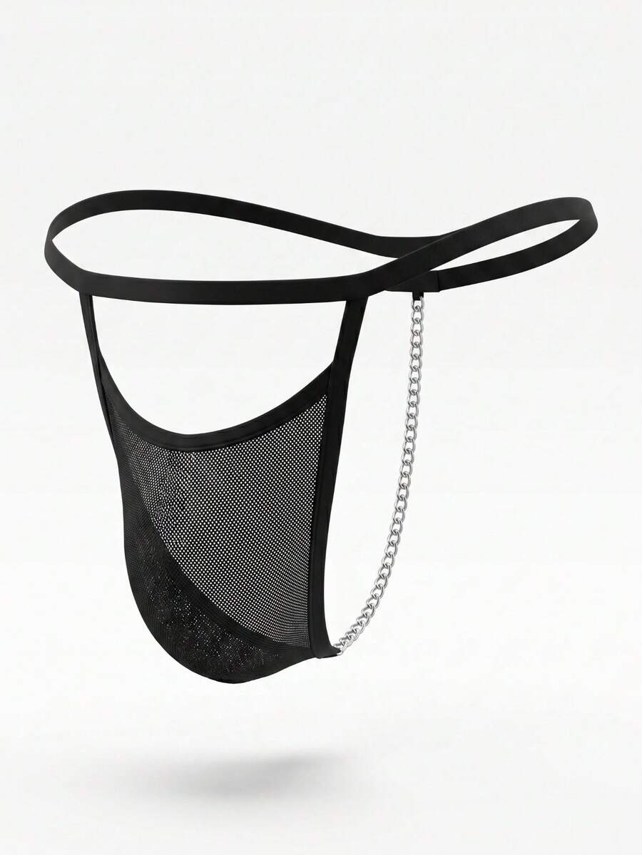Men's black low-rise hollow mesh T-back thong underwear featuring ring detail.