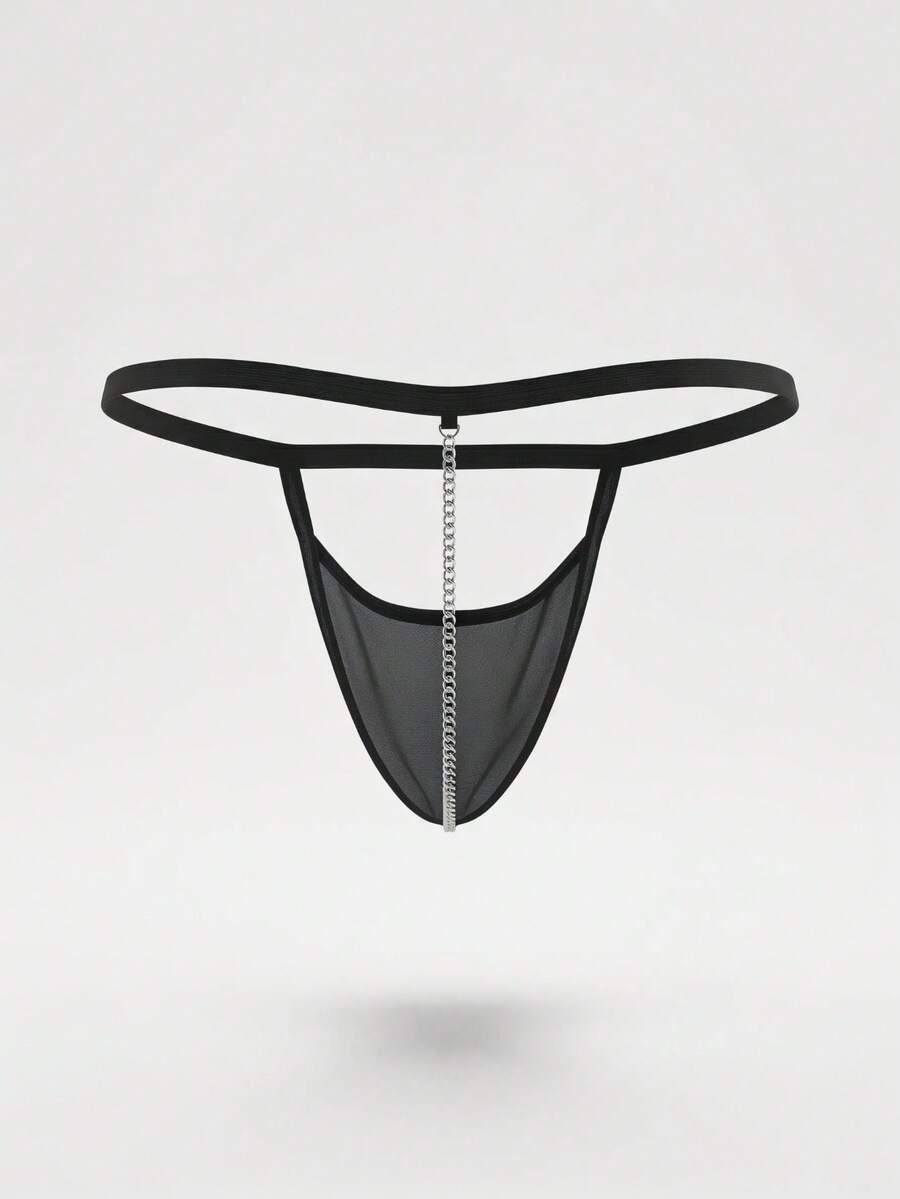 Men's black low-rise hollow mesh T-back thong underwear featuring ring detail.