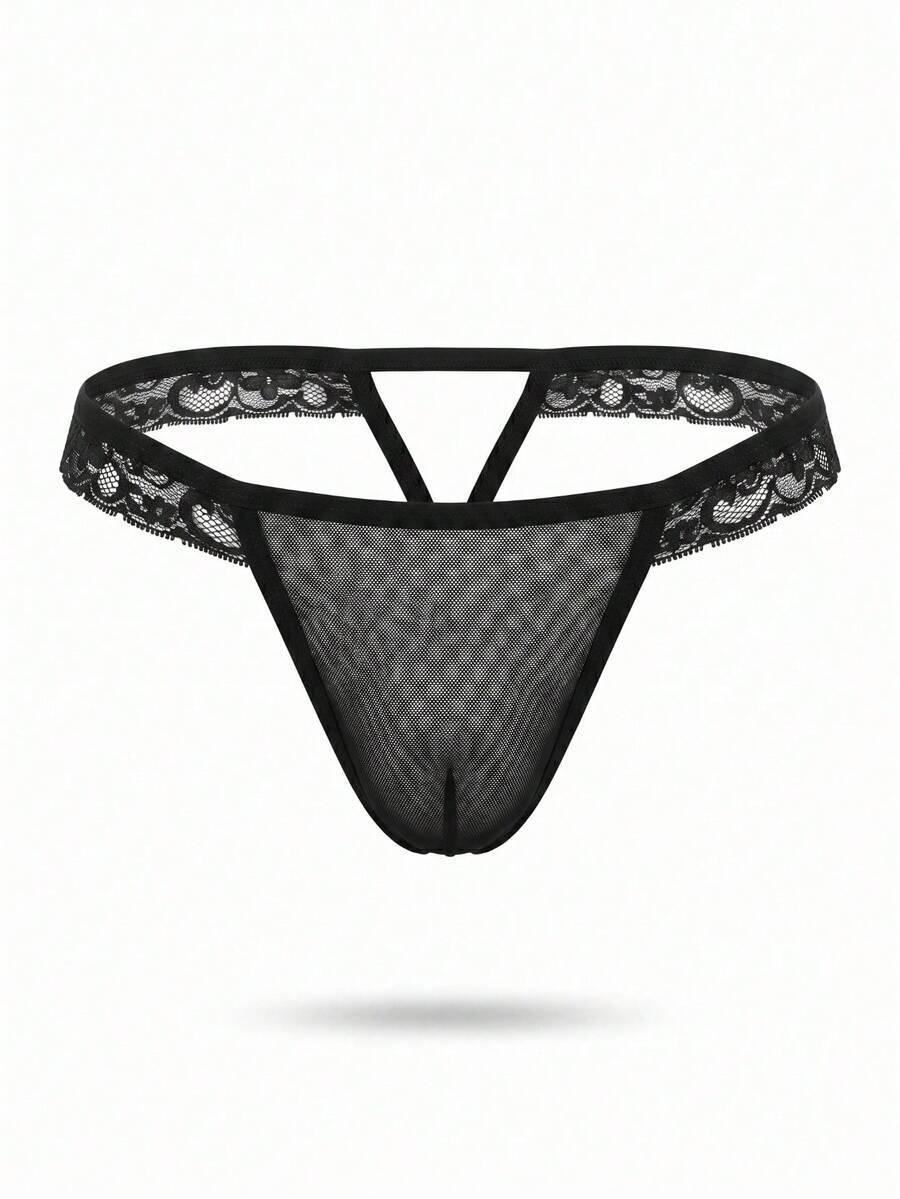 Black men's hollow mesh backless jockstrap featuring a lace waistband, low-rise fit, and double pouch design.