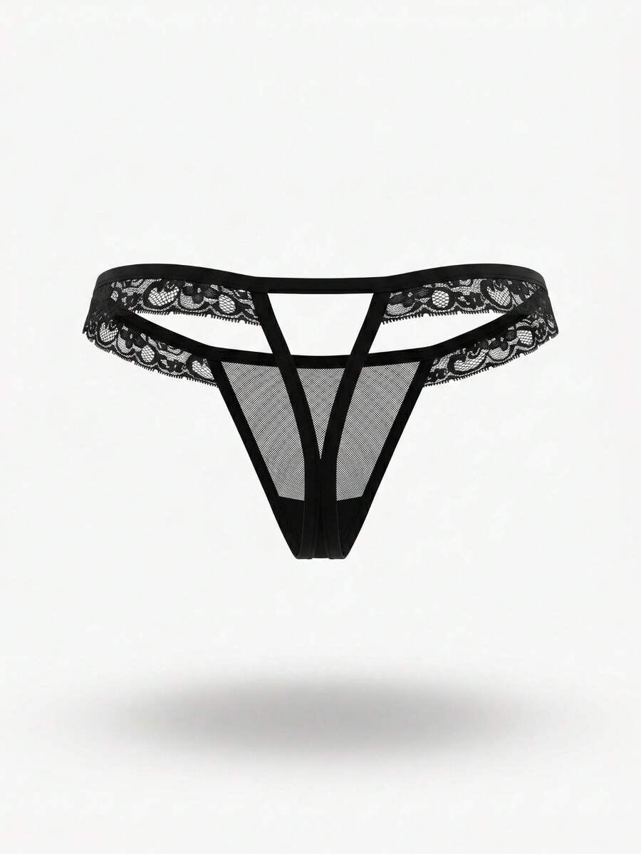 Black men's hollow mesh backless jockstrap featuring a lace waistband, low-rise fit, and double pouch design.