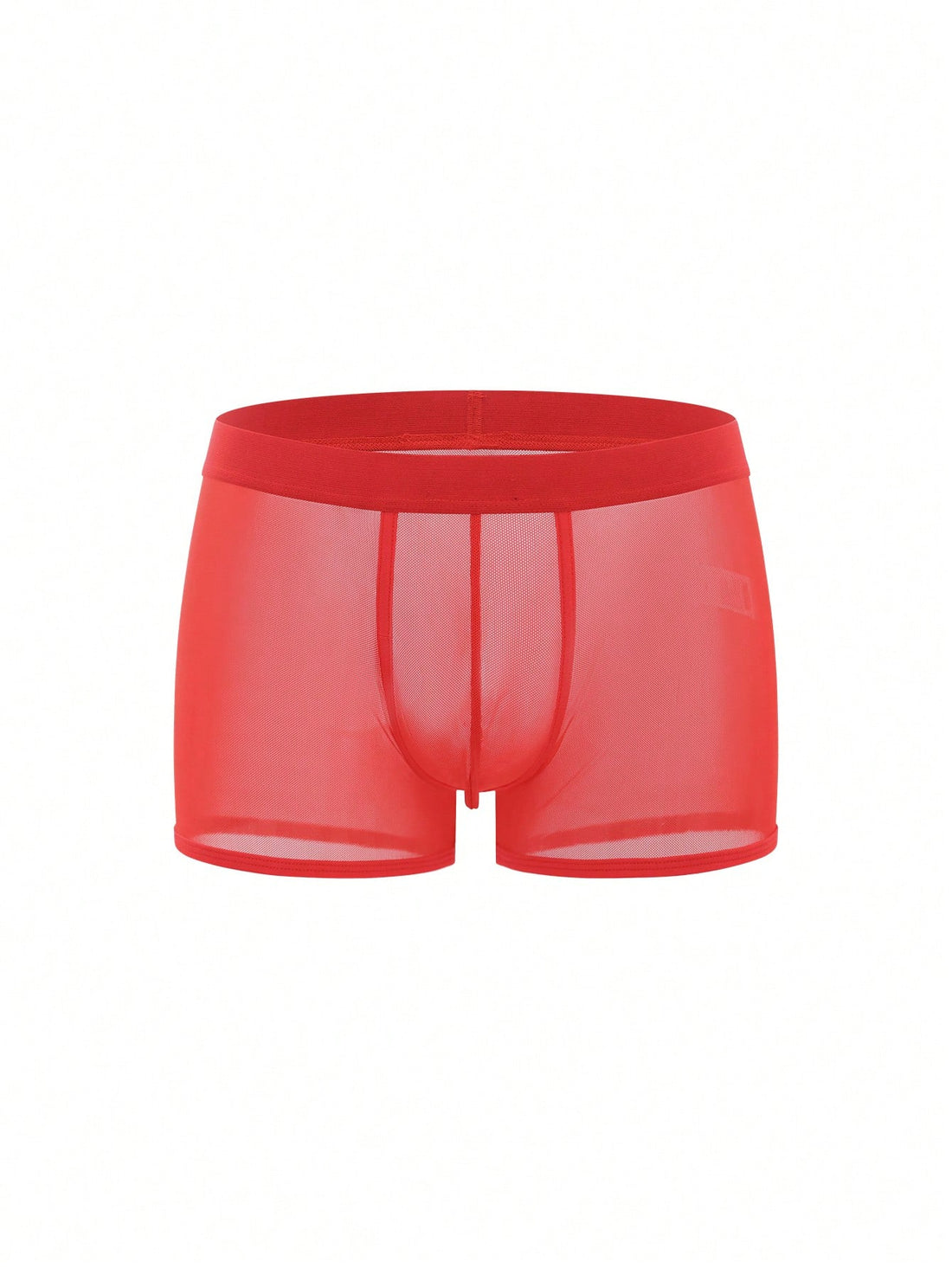 Men's solid red sheer mesh boxer shorts underwear with mid-rise waist.