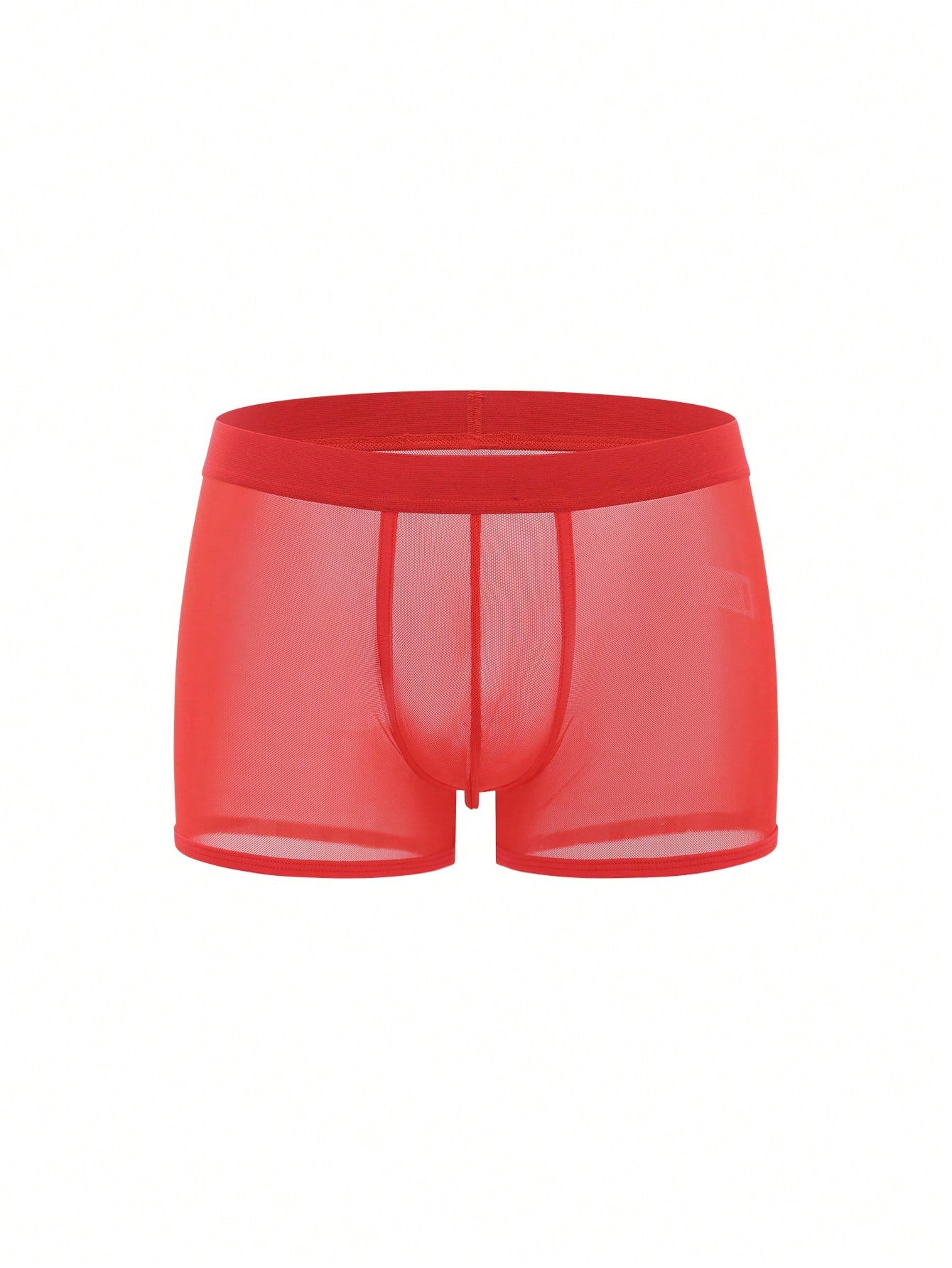Men's solid red sheer mesh boxer shorts underwear with mid-rise waist.