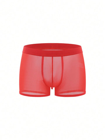 Men's solid red sheer mesh boxer shorts underwear with mid-rise waist.