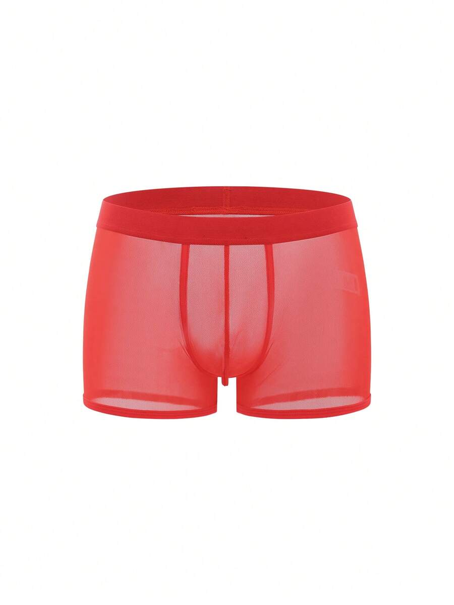 Men's solid red sheer mesh boxer shorts underwear with mid-rise waist.
