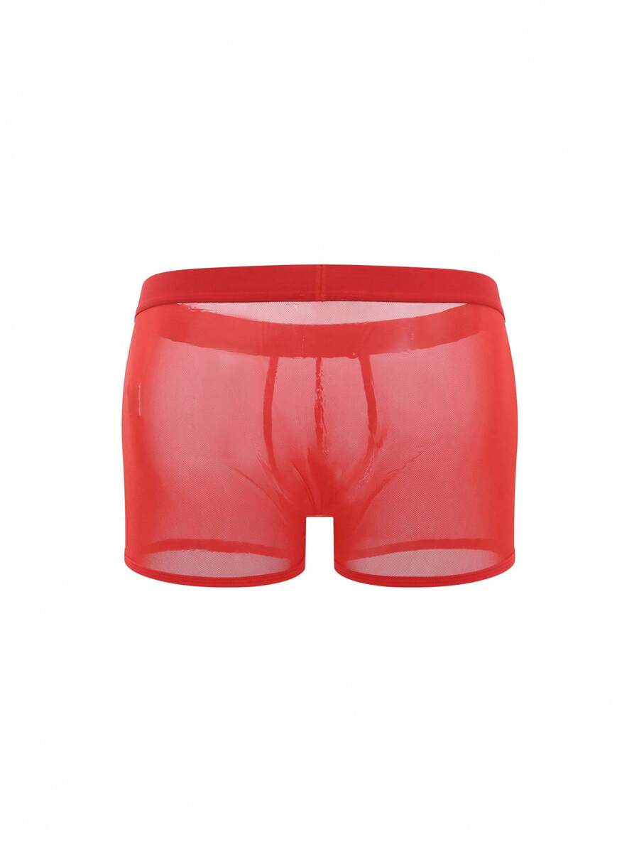 Men's solid red sheer mesh boxer shorts underwear with mid-rise waist.