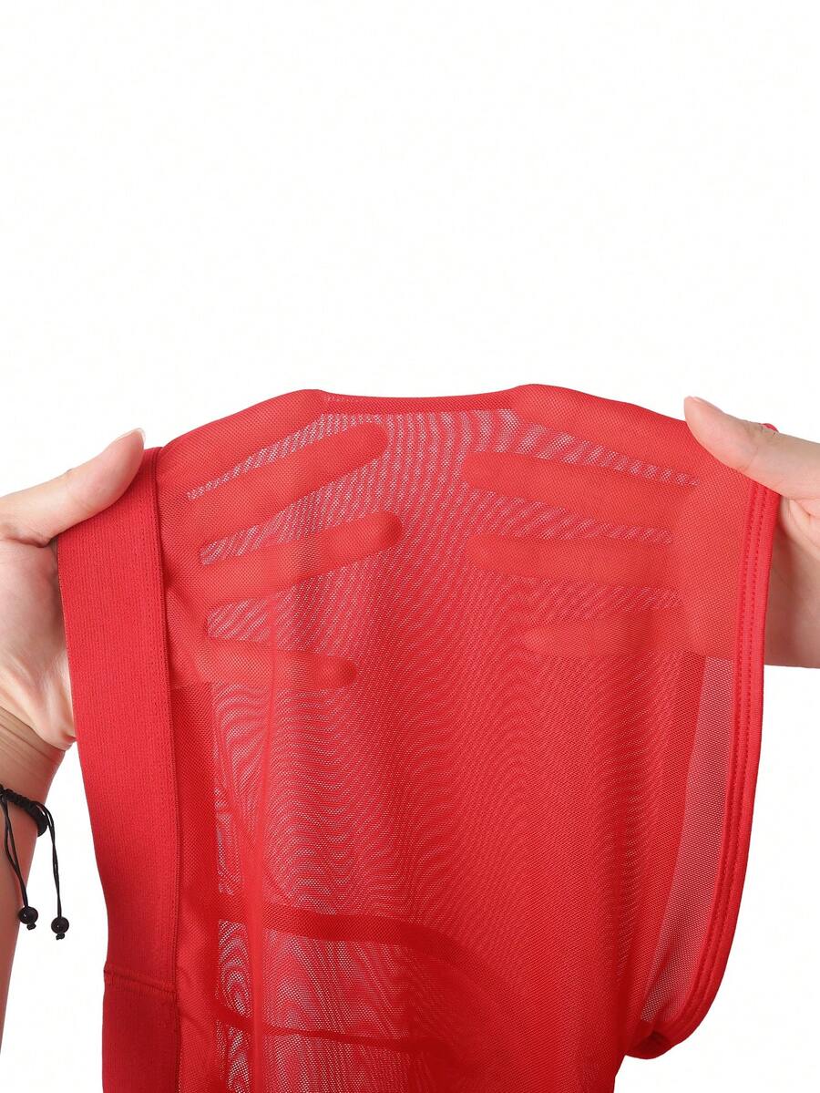 Men's solid red sheer mesh boxer shorts underwear with mid-rise waist.