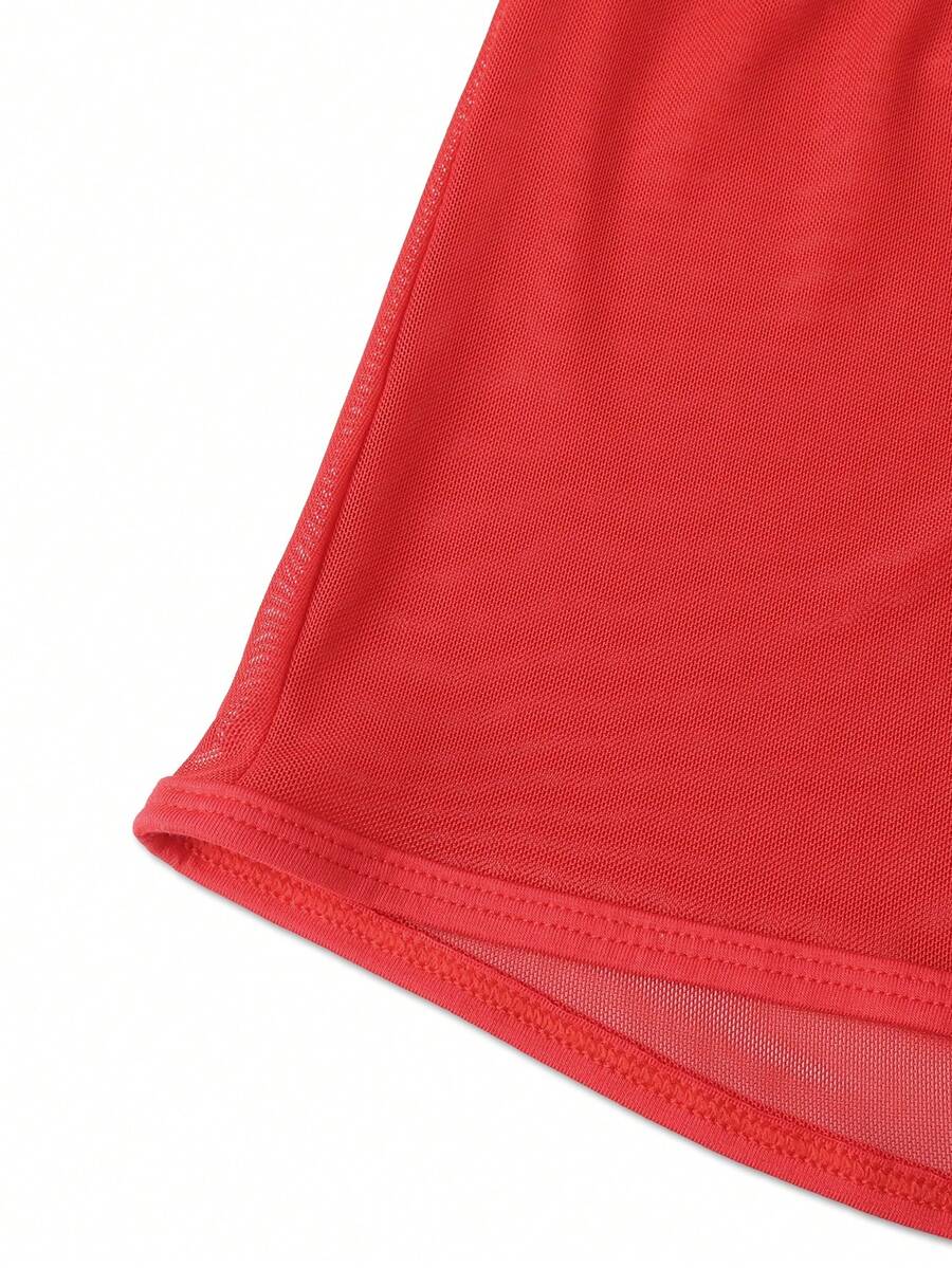 Men's solid red sheer mesh boxer shorts underwear with mid-rise waist.