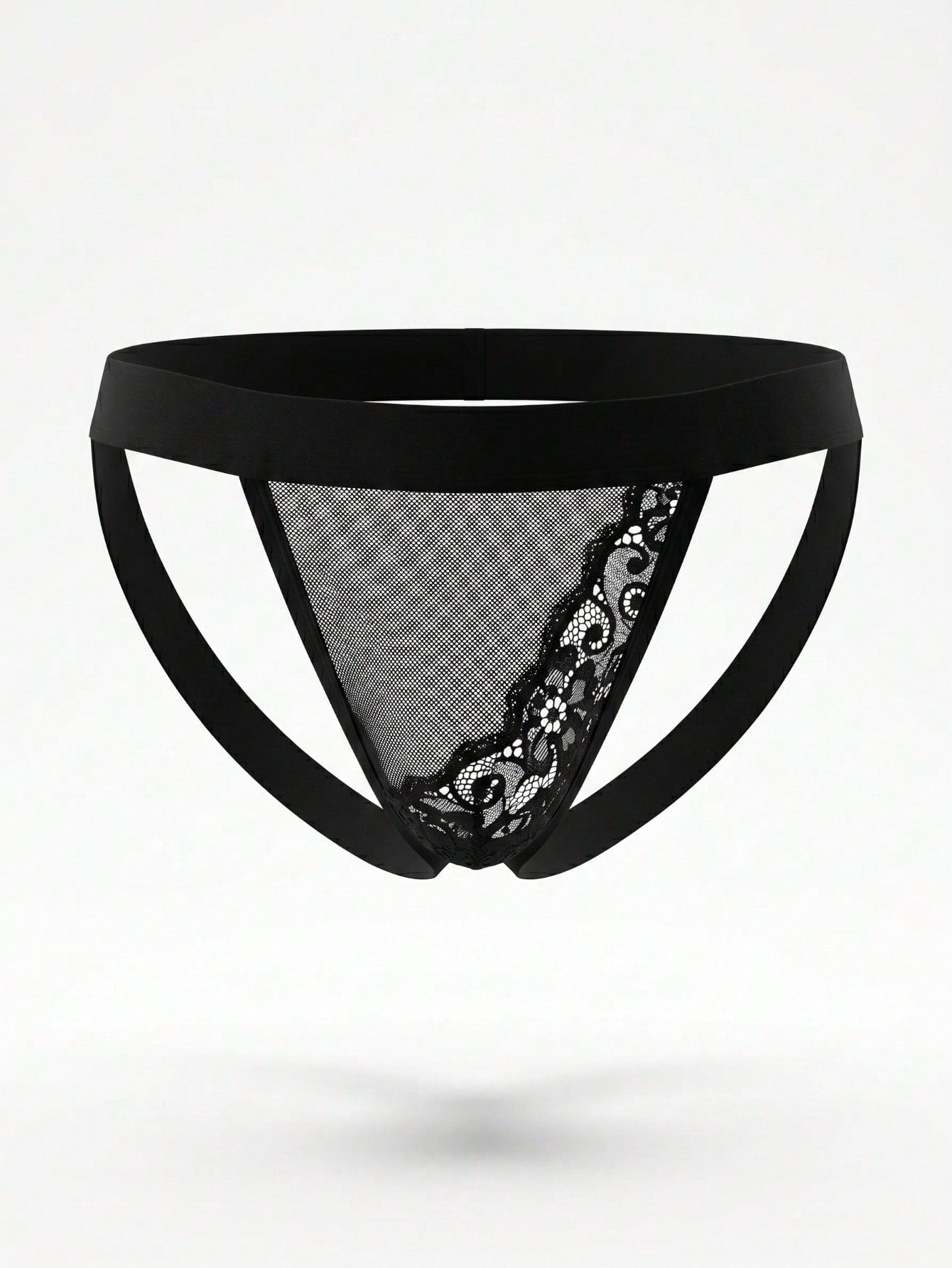 1pc Fashion Black Hollow Mesh Lace Trim Back Waist Sexy Lace Patchwork Men's Underwear