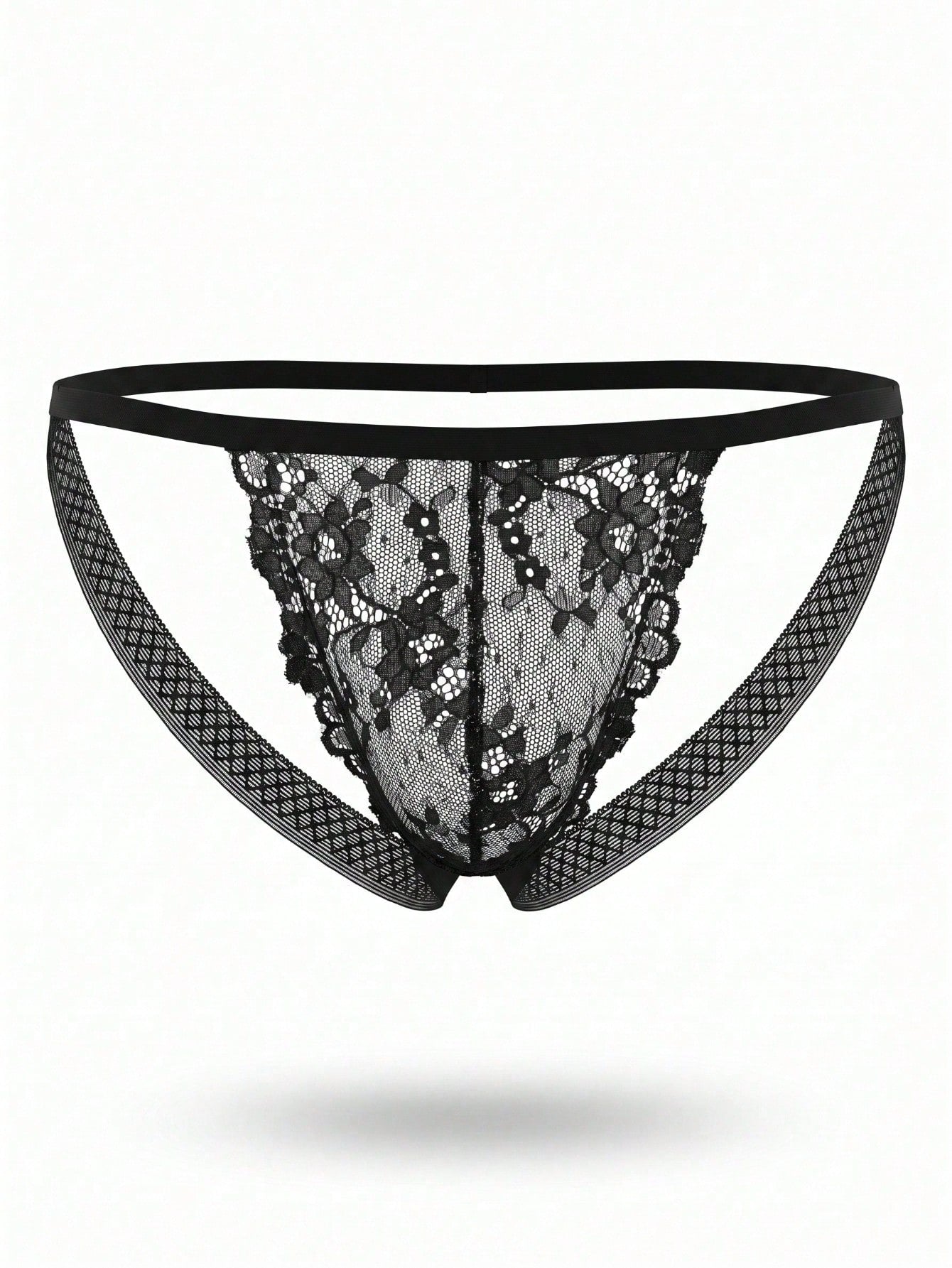 1pc Men's Sexy Black Lace Trim Mid-Waist Backless Sexy Lace Patchwork Underwear