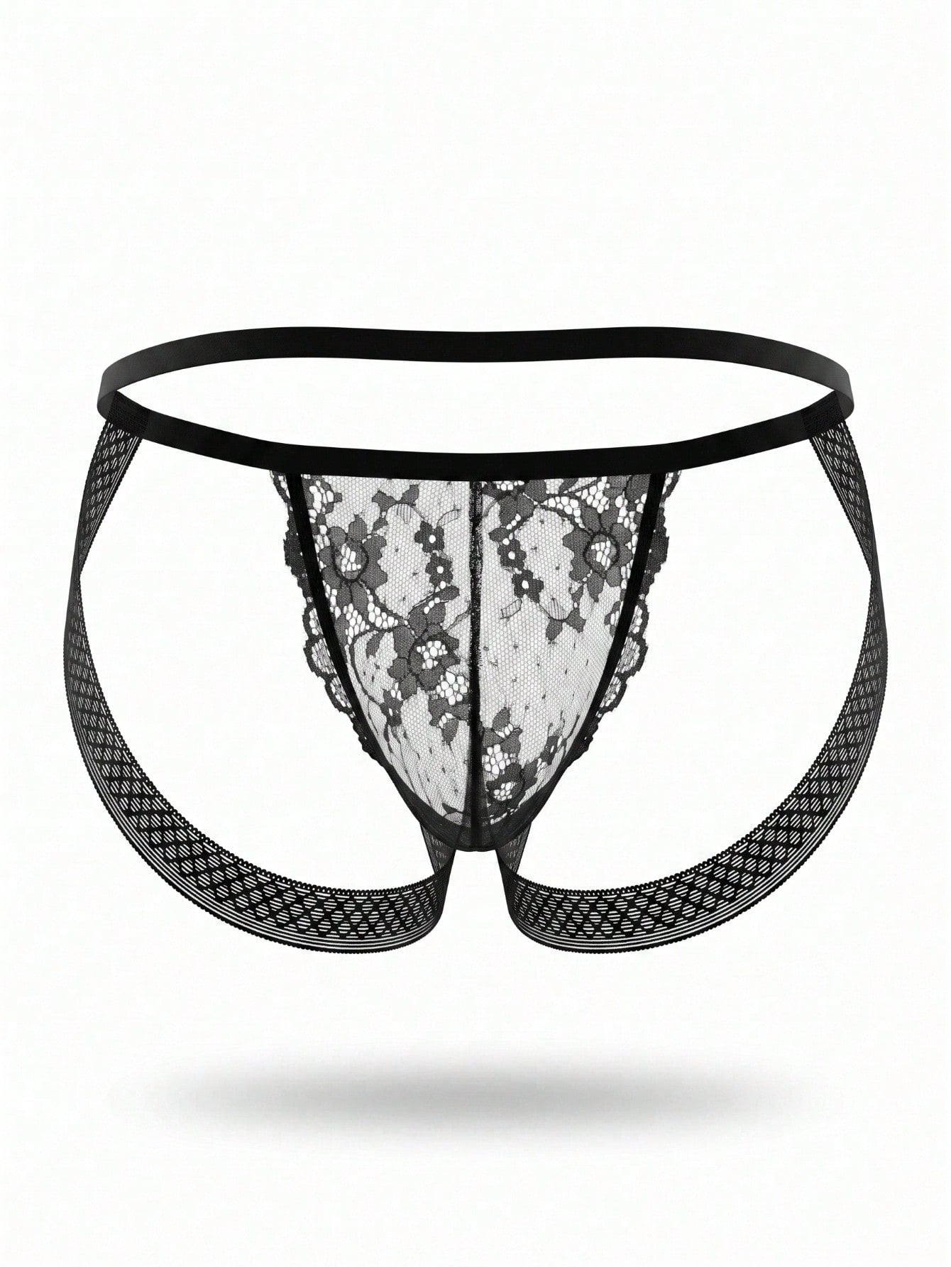1pc Men's Sexy Black Lace Trim Mid-Waist Backless Sexy Lace Patchwork Underwear