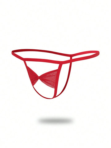 1pc Fashionable Men's Red Hollow Mesh Bow Mid-Waist Thong Underwear