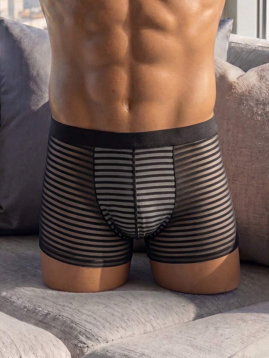 Black semi-sheer rib-knit striped low rise bikini boxer shorts panty