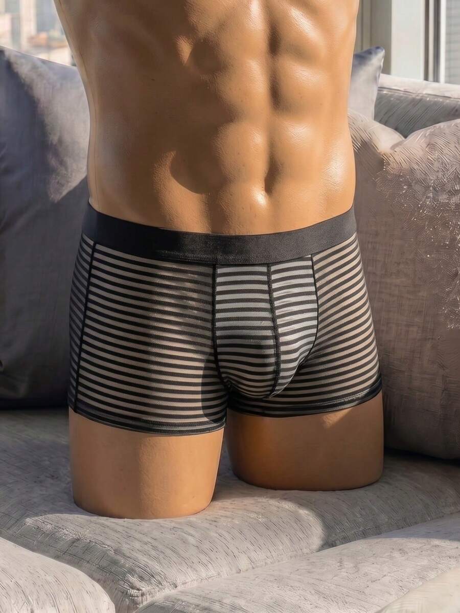 Black semi-sheer rib-knit striped low rise bikini boxer shorts panty