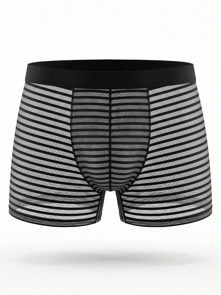 Black semi-sheer rib-knit striped low rise bikini boxer shorts panty