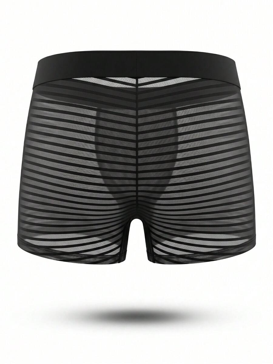 Black semi-sheer rib-knit striped low rise bikini boxer shorts panty