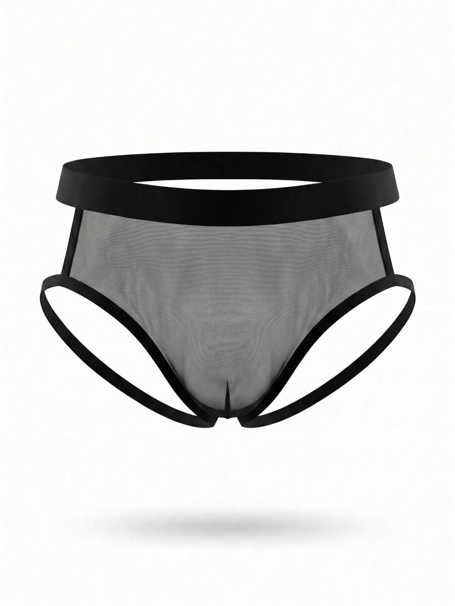 Men's black low rise briefs featuring contrast mesh and cut out details.