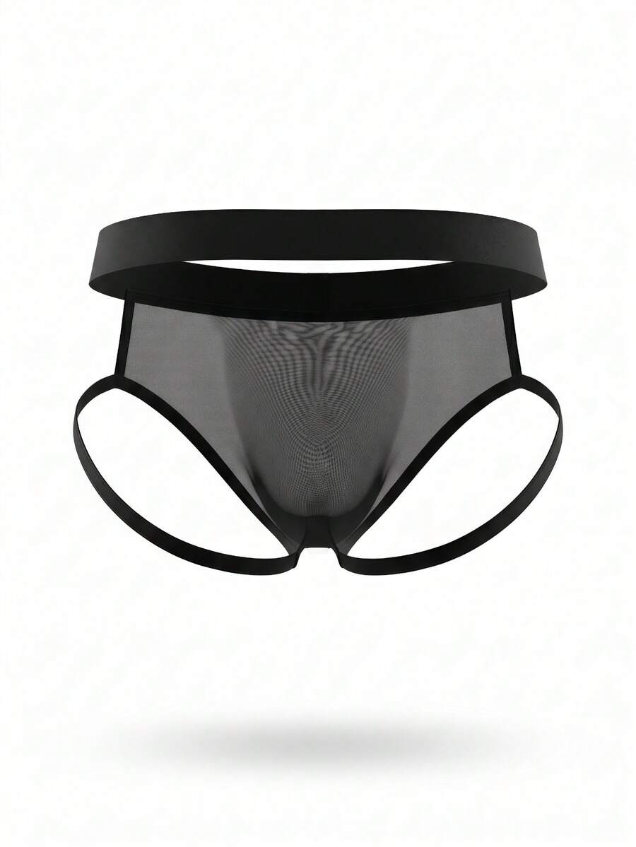 Men's black low rise briefs featuring contrast mesh and cut out details.