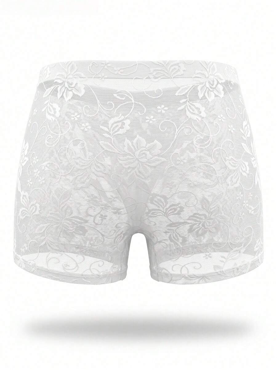 Men's white low rise mesh boxer briefs featuring a plant pattern and rib-knit details