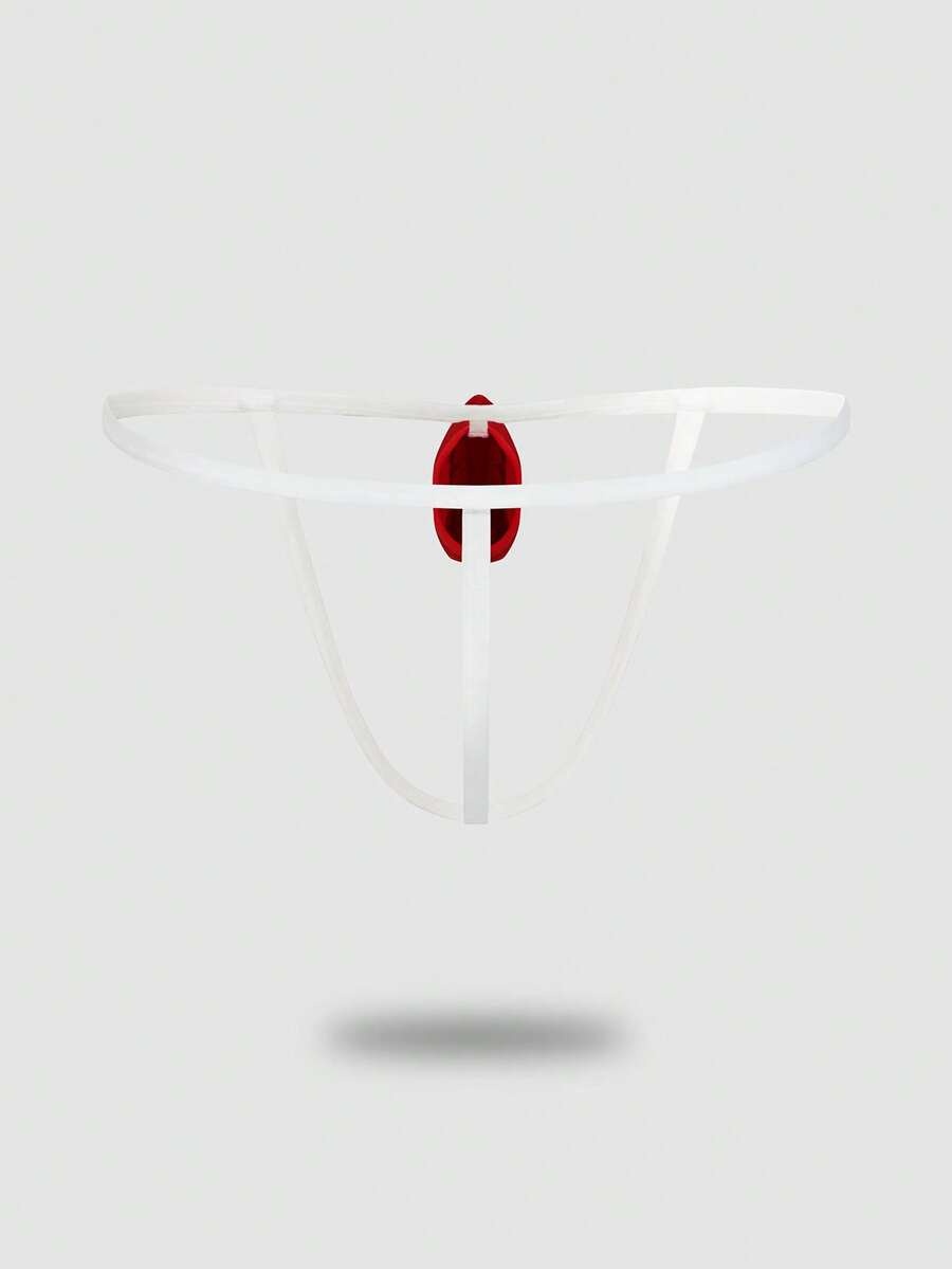 Front view of men's red and white low-rise thong underwear featuring a plain pattern and knitted stretch fabric.