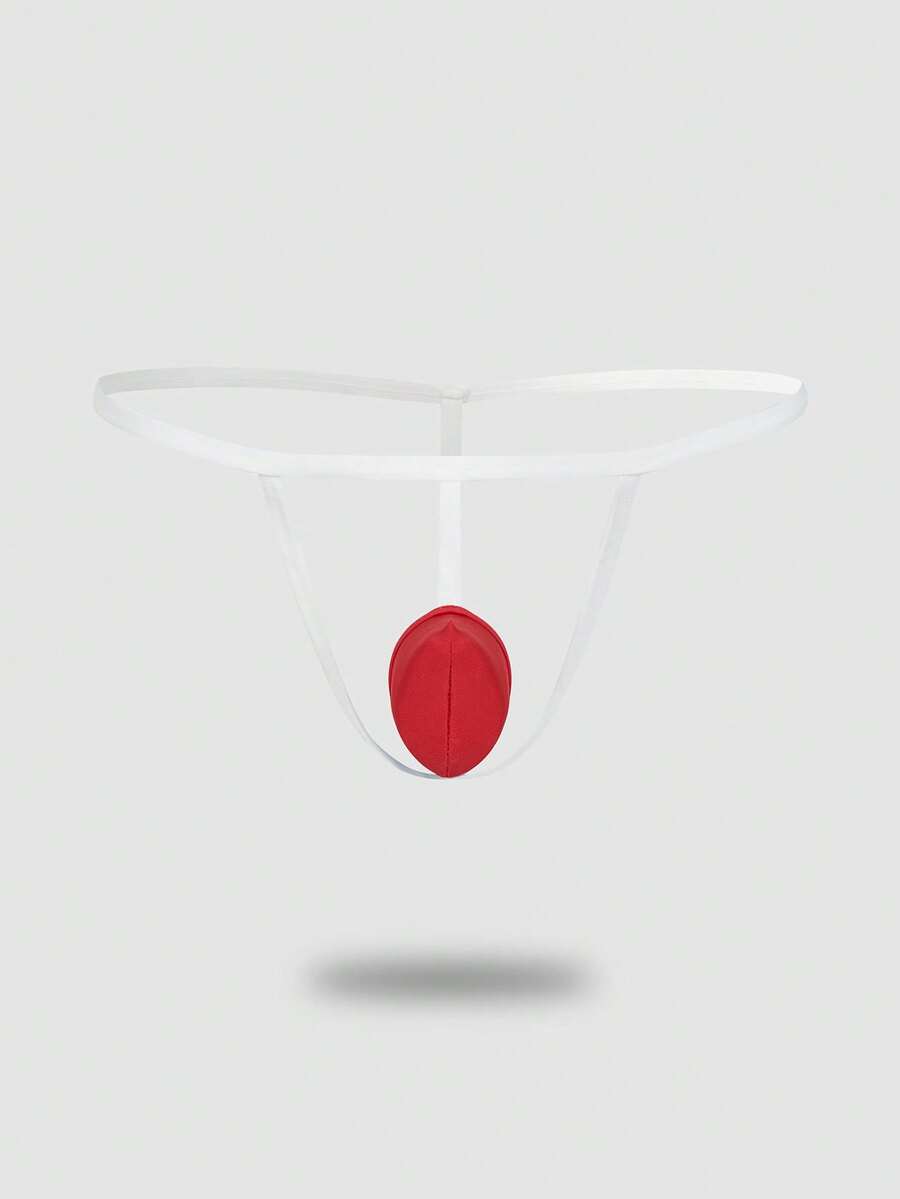 Front view of men's red and white low-rise thong underwear featuring a plain pattern and knitted stretch fabric.