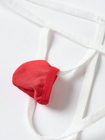 Front view of men's red and white low-rise thong underwear featuring a plain pattern and knitted stretch fabric.