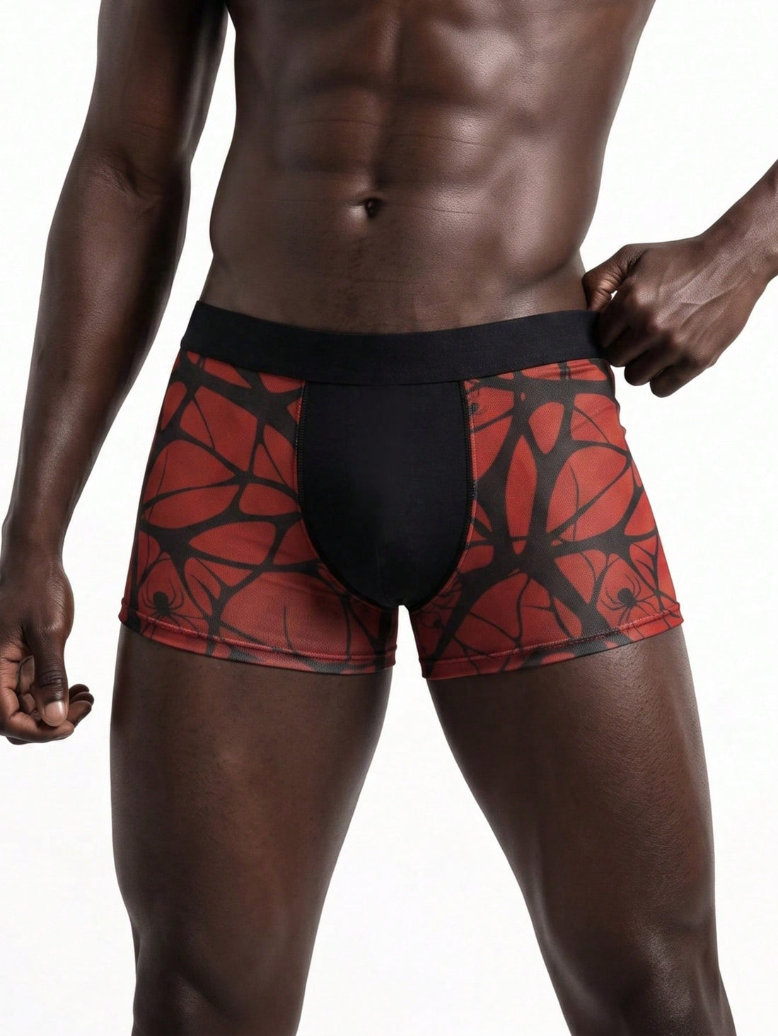 Rest Era men's red semi-sheer mesh boxer briefs with geometric spider web pattern, contrast binding, and mid-rise waist.