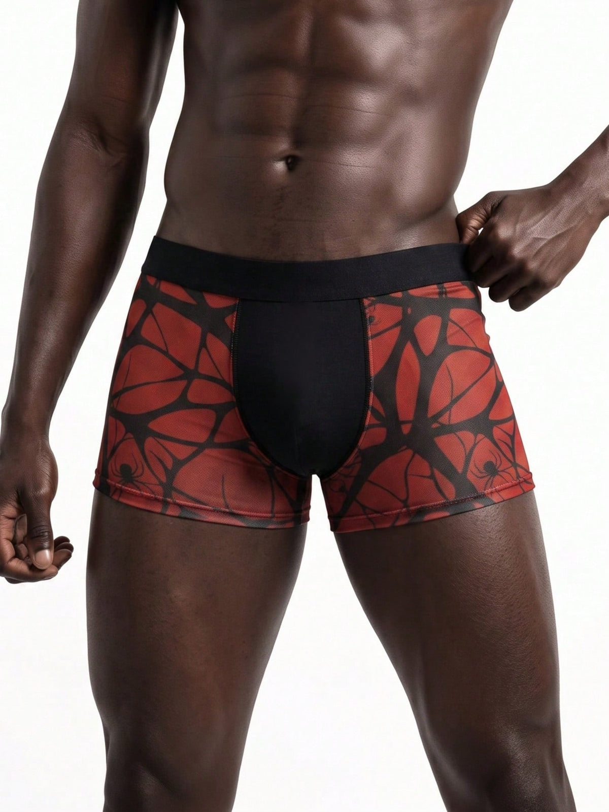 Rest Era men's red semi-sheer mesh boxer briefs with geometric spider web pattern, contrast binding, and mid-rise waist.