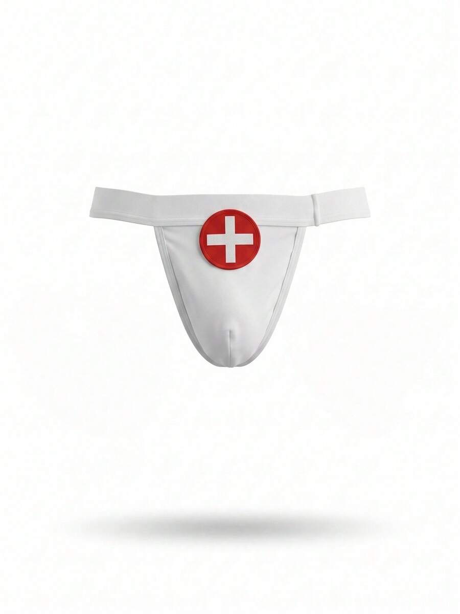 White men's low rise plain knit thong underwear featuring a cross design.
