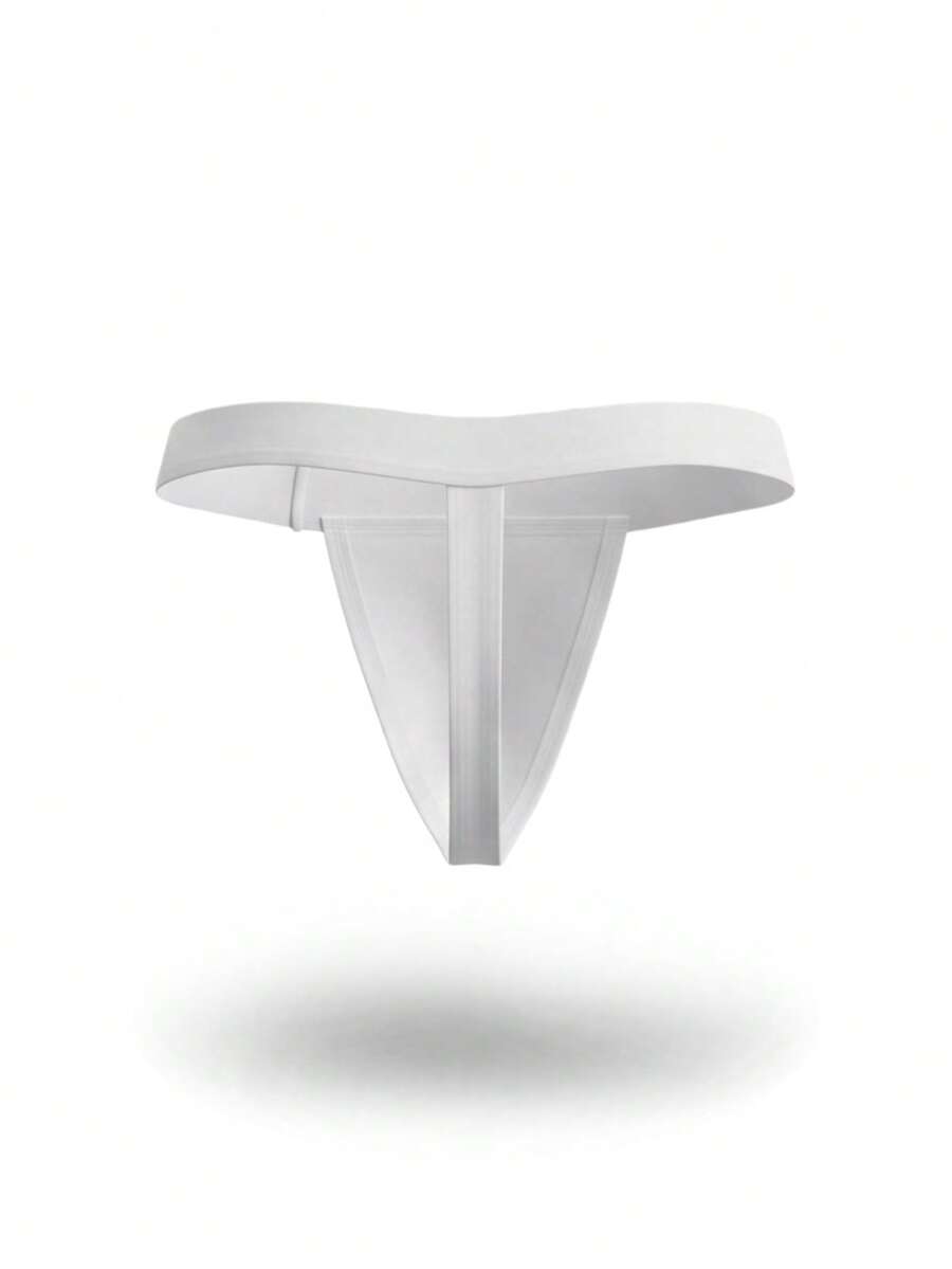 White men's low rise plain knit thong underwear featuring a cross design.