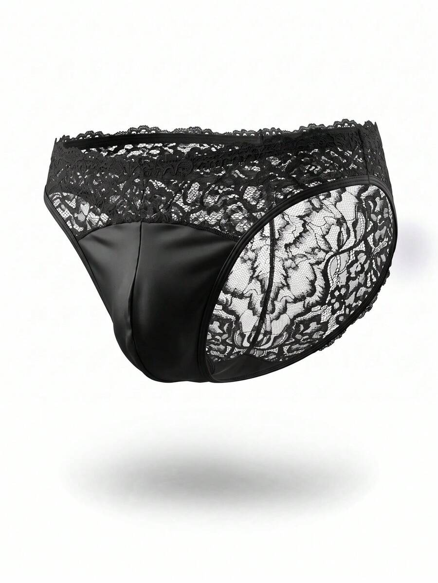 Black men's lace patchwork briefs featuring contrast binding and a mid-rise waist.