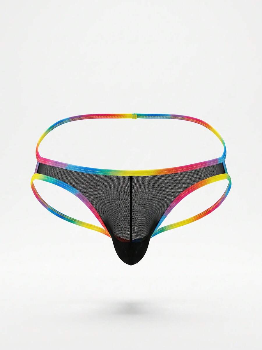 Men's black low rise thong underwear featuring colorful trim.
