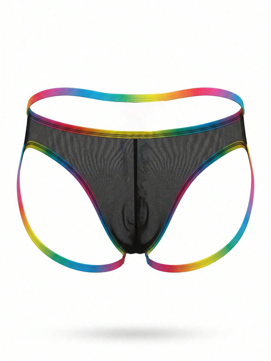 Men's black low rise thong underwear featuring colorful trim.