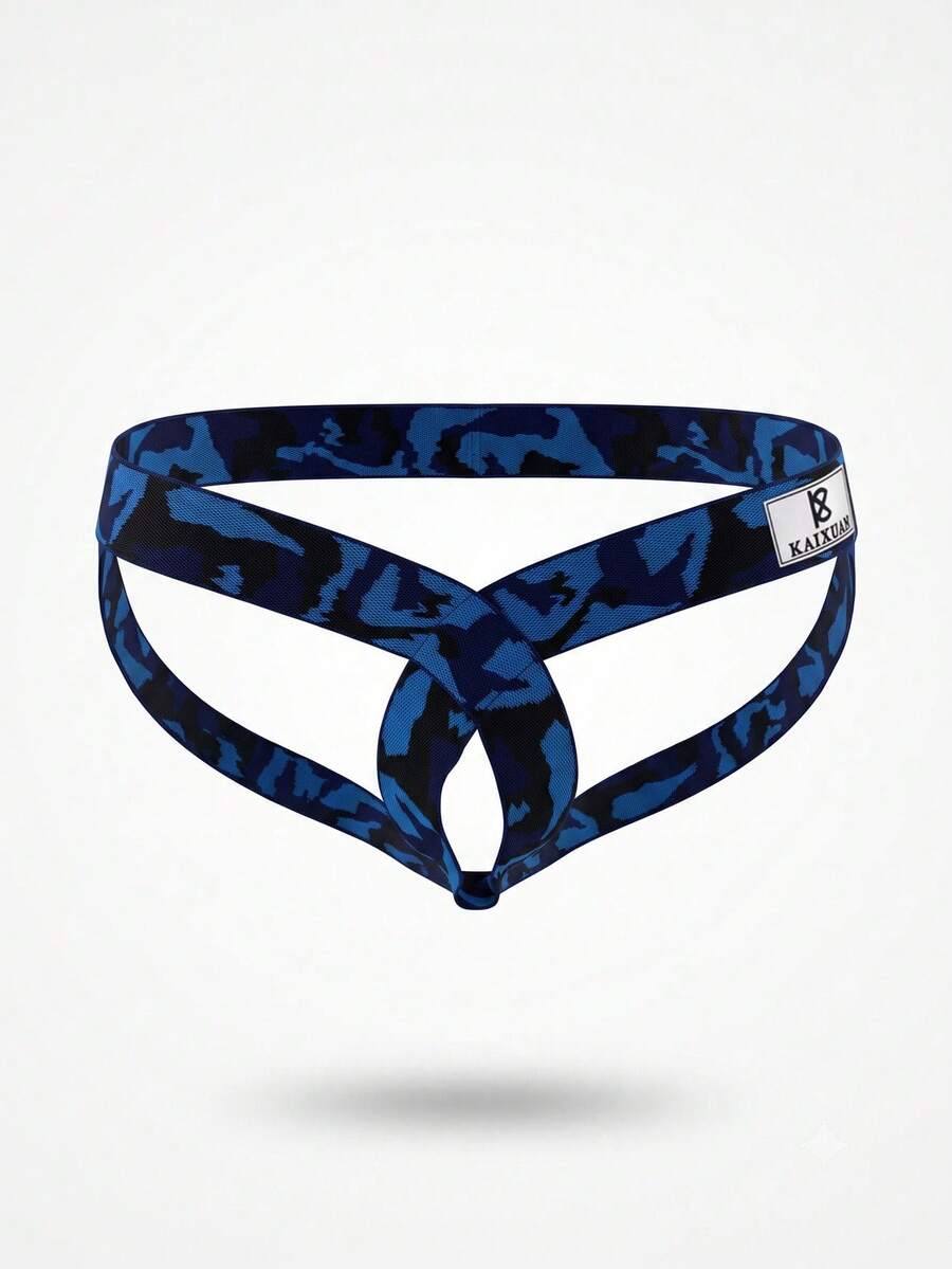 Front view of a plain blue men's low rise double thong with ring detail.