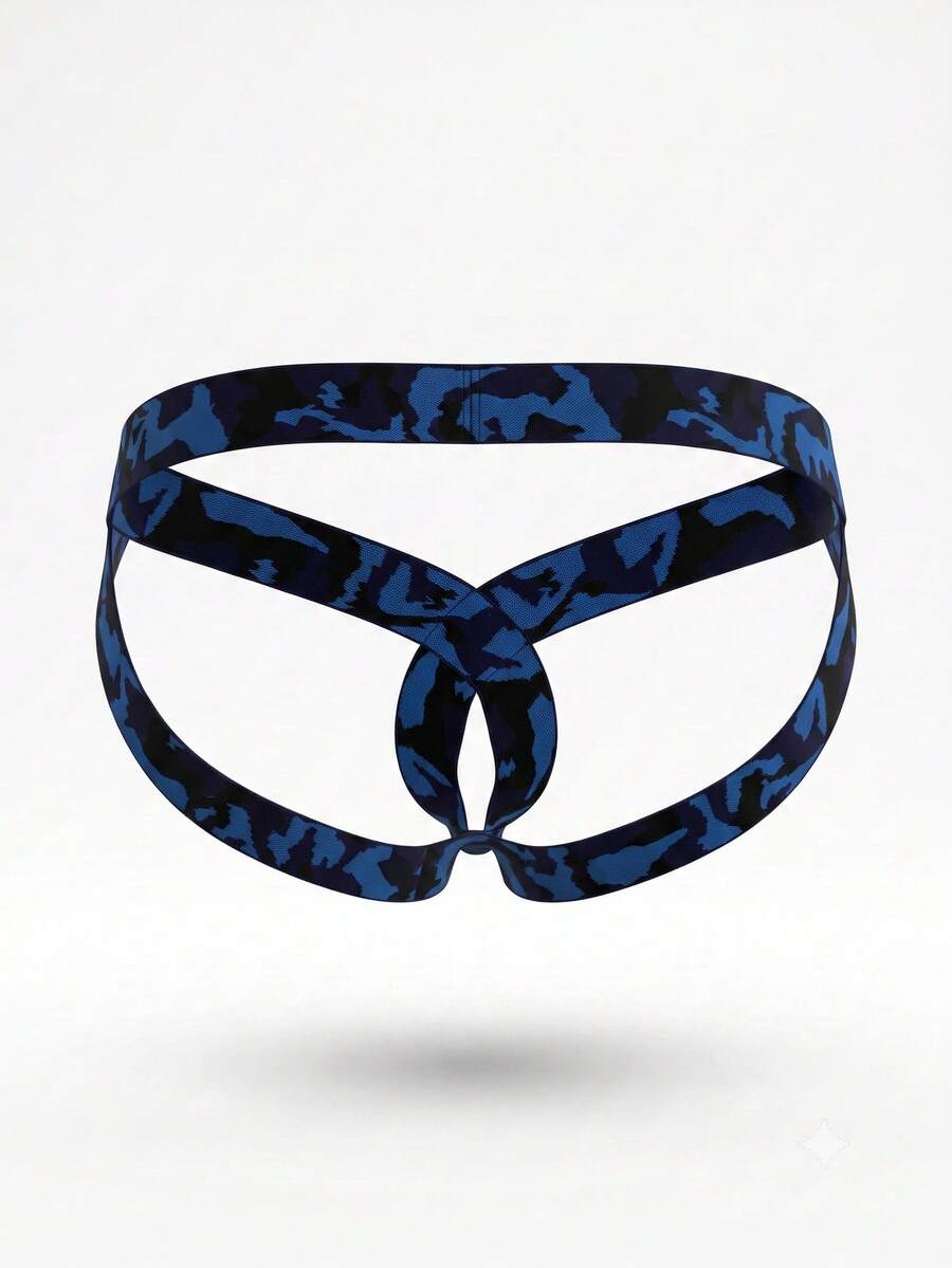 Front view of a plain blue men's low rise double thong with ring detail.