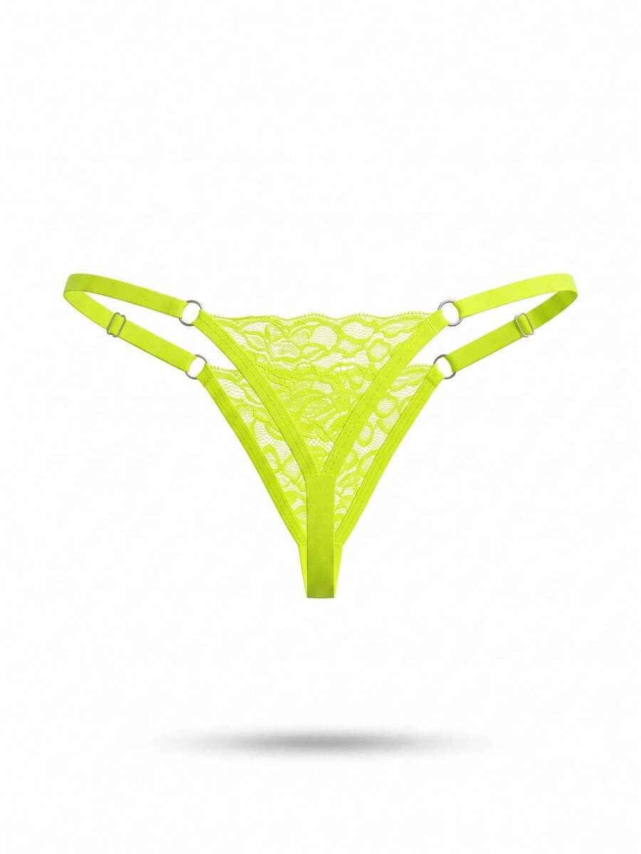 Yellow semi-sheer lace low rise thong underwear for men.