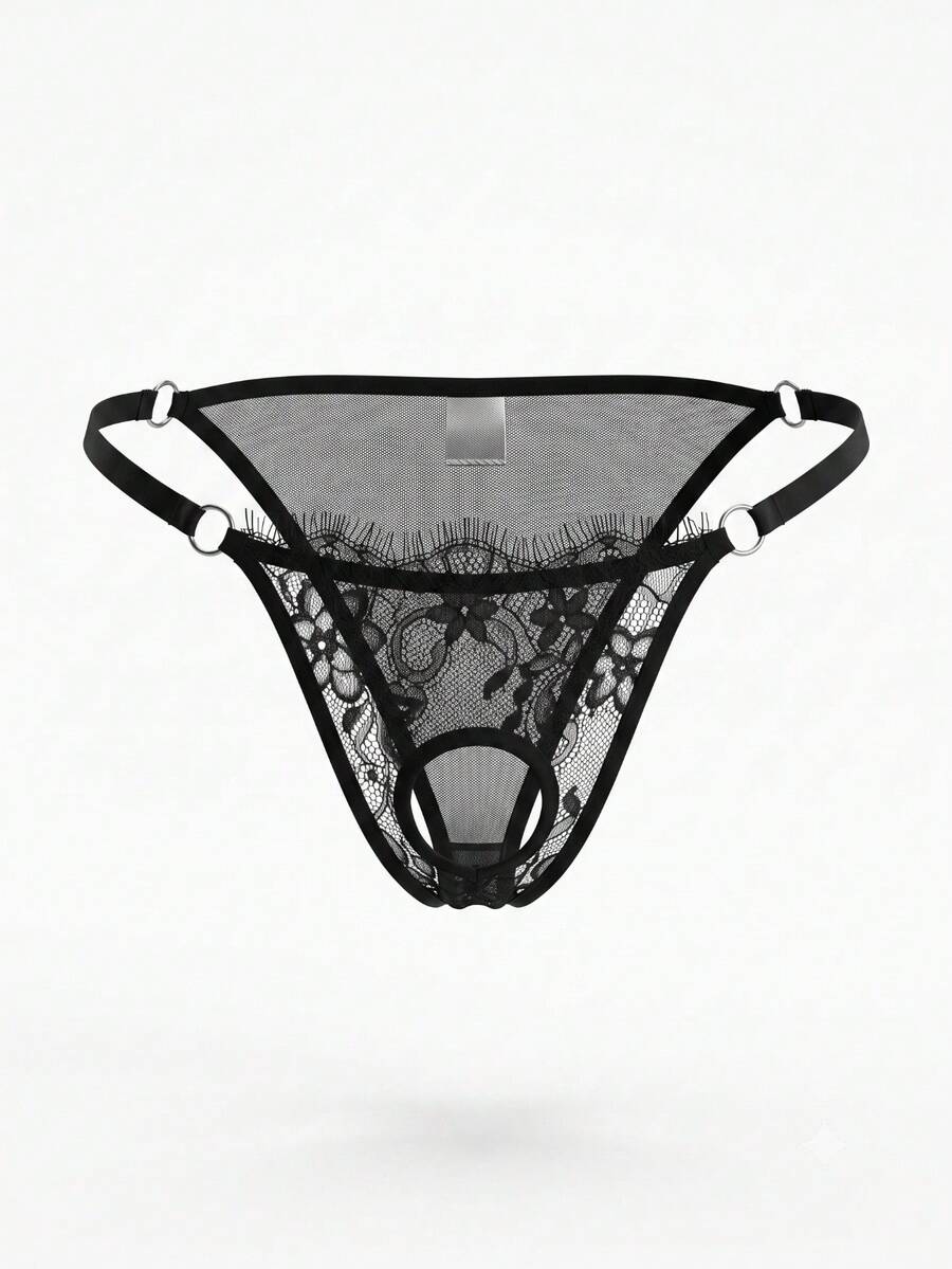 Front view of men's black lace thong underwear with metal accent and low-rise waist.