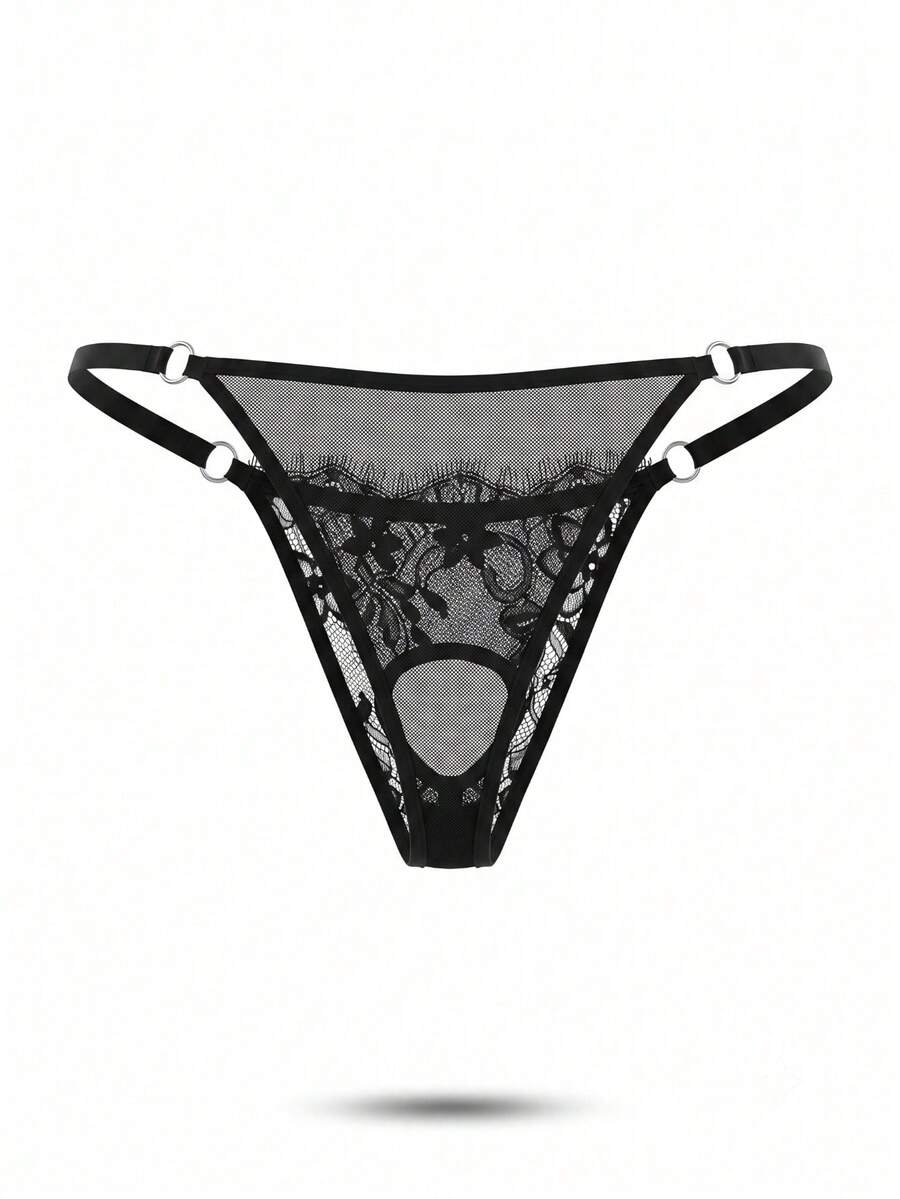 Front view of men's black lace thong underwear with metal accent and low-rise waist.