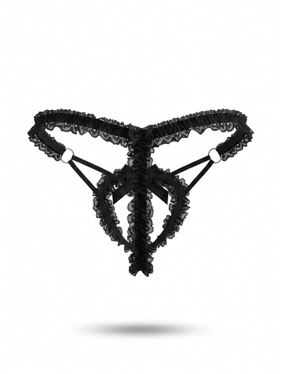 Men's black lace low-rise V-string thong with hollow bow detail