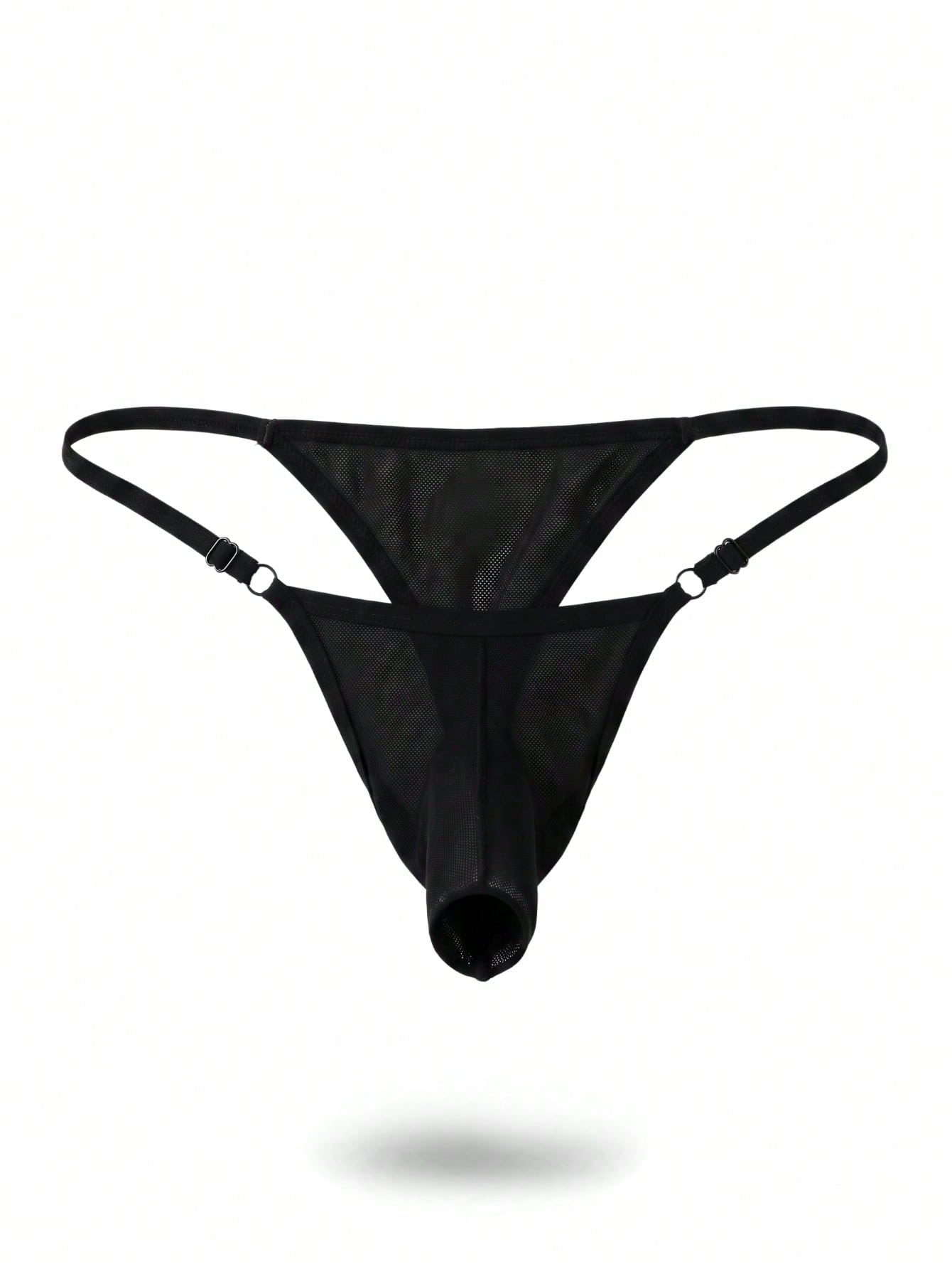 Black low-rise men's adjustable elephant trunk briefs with ring detail.