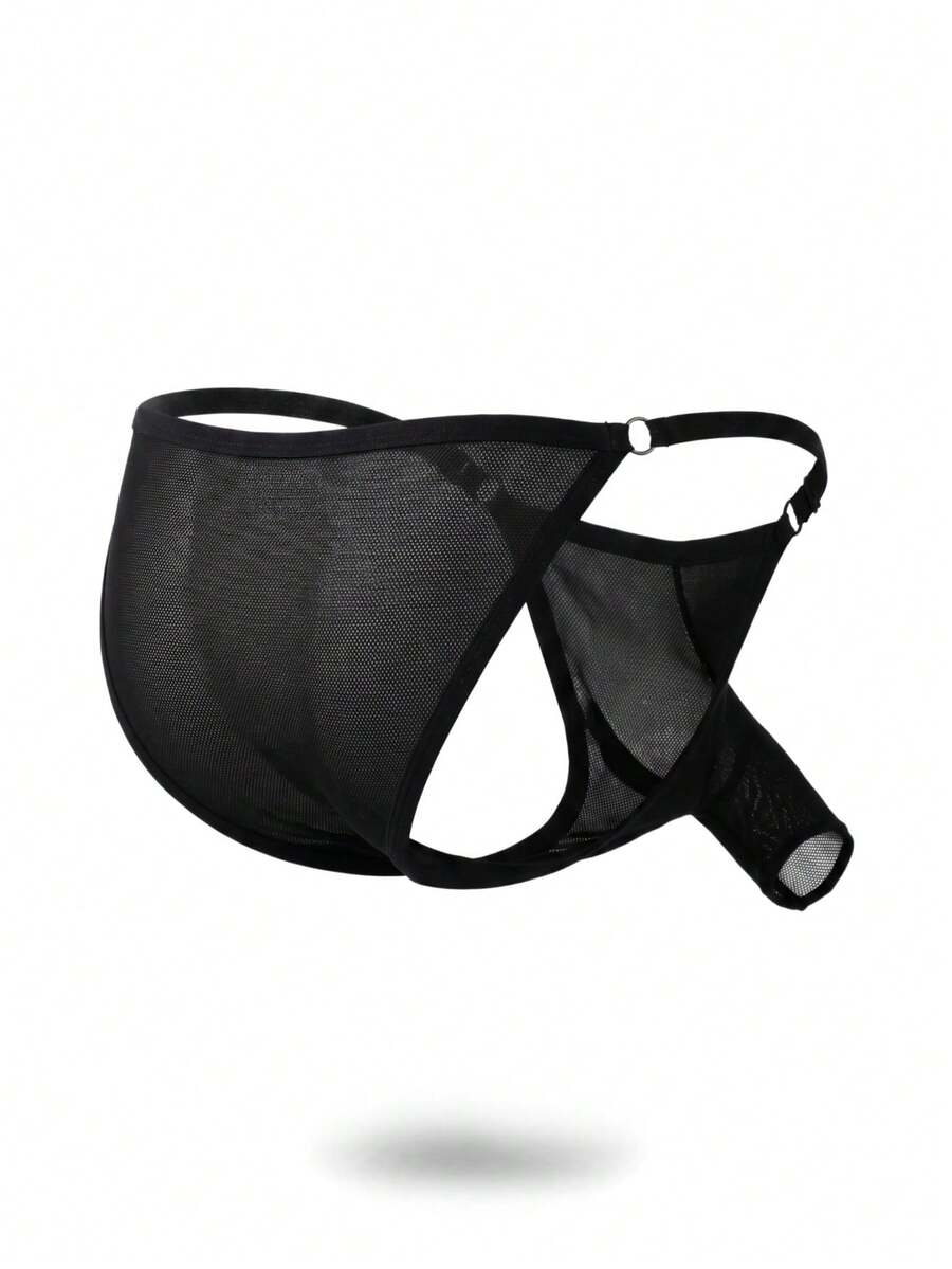 Black low-rise men's adjustable elephant trunk briefs with ring detail.